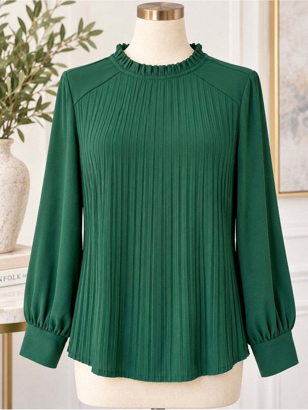 Adrianna Papell Emerald Green Pleated Blouse Ruffle Neck Women’s M